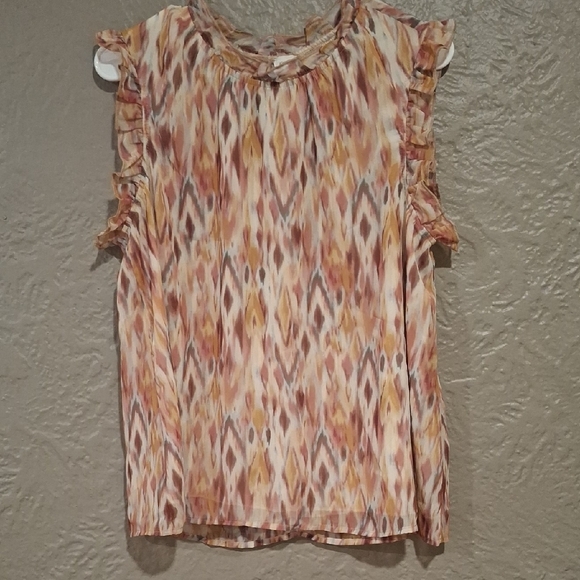 Roan+rijan Ruffled Sleeveless Blouse in Orange and Tan. - Picture 1 of 7